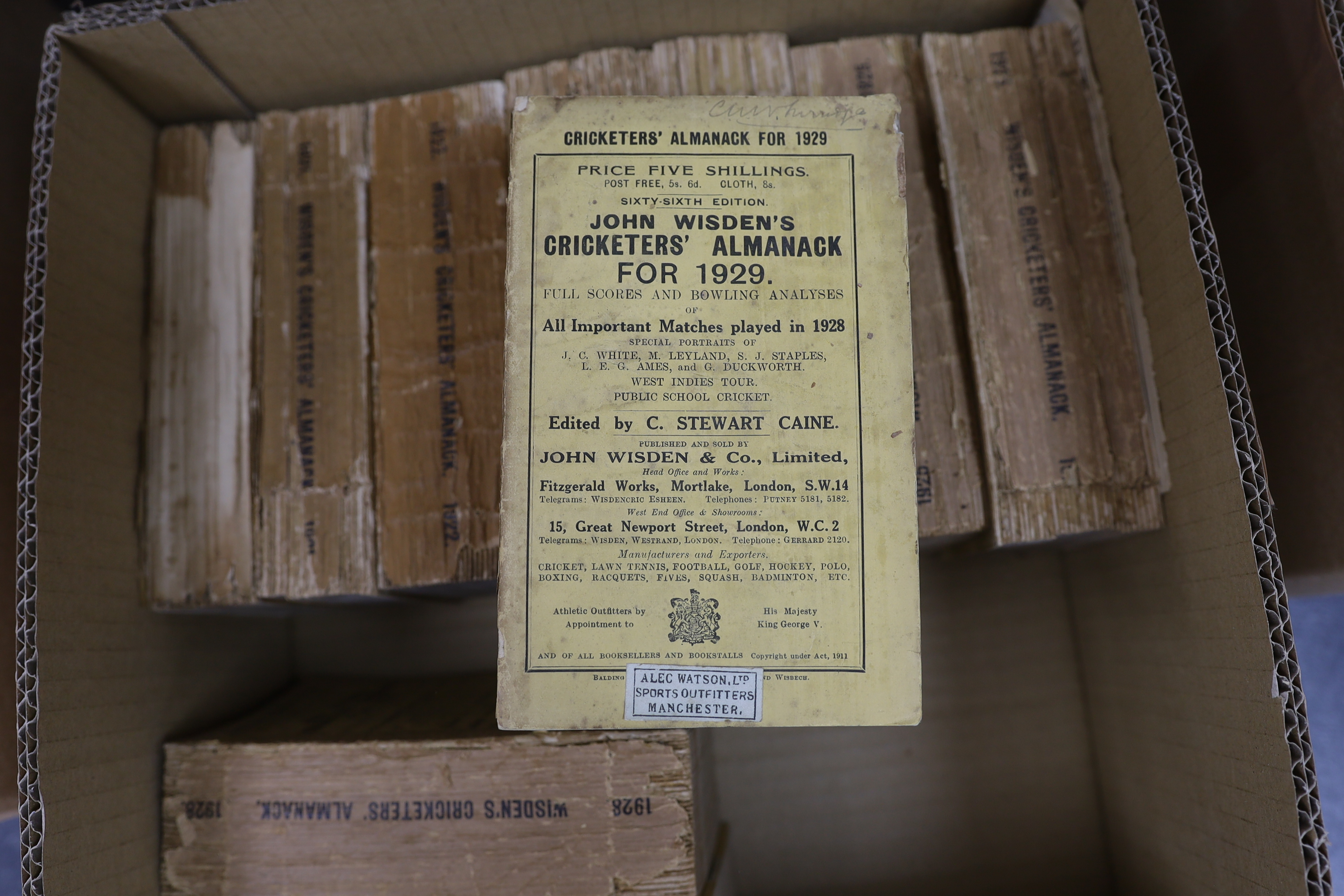 Wisden - John Wisden’s Cricketer’s Almanack for 1920-29, with original wrappers, spines cracked , with some loss to some, complete loss to spines of years 1920 and 1924, (10).